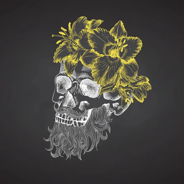 手描きのスケッチ花の花輪にひげと口ひげを持つ人間の頭蓋骨。黄色のユリ面白い文字チョークグラフィック黒板の背景に隔離された彫刻芸術。ヴィンテージスタイル。ベクトル — ストックベクタ