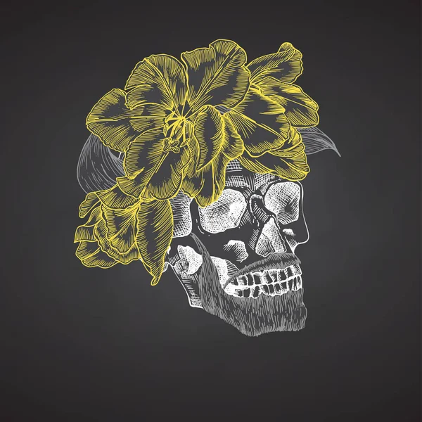 手描きのスケッチ花の花輪にひげと口ひげを持つ人間の頭蓋骨。黄色のチューリップ面白い文字チョークグラフィック黒板の背景に隔離された彫刻芸術。ヴィンテージスタイル。ベクトル — ストックベクタ