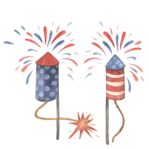 Akvarelové ručně vyráběné ilustrace 4. července Clipart USA Americká vlajka. Sada prvků v patriotickém stylu Hvězdy a pruhy Červené a modré barvy Bílé pozadí Překryv pro Scrapbooking — Stock fotografie