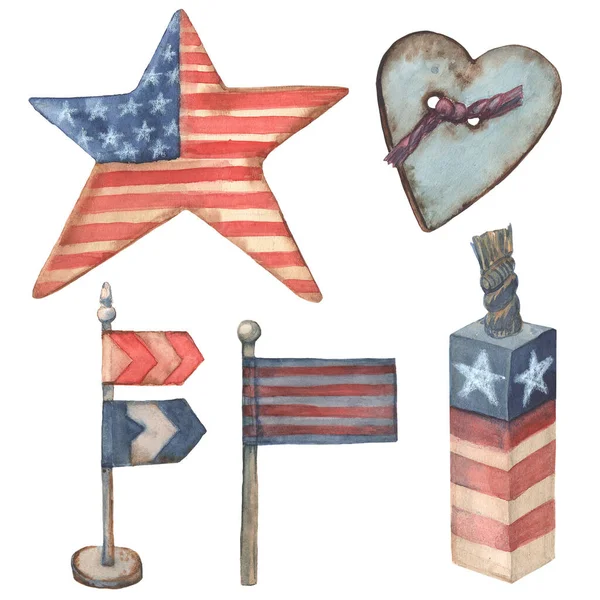 Akvarell handgjorda illustrationer 4 juli Clipart USA Amerikansk flagga. Uppsättning element i patriotisk stil Stjärnor och ränder Röda och blå färger Vit bakgrund Overlay för scrapbooking — Stockfoto