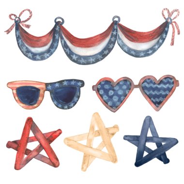 Suluboya el yapımı resimler 4 Temmuz Clipart USA American Flag. Koleksiyon Defteri için Vatanseverlik stili Yıldız ve Çizgili Kırmızı ve Mavi renklerdeki elementler kümesi