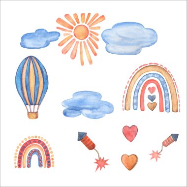 Gökyüzünde uç Suluboya Clipart. Çocuklar tahta oyuncaklar. Sıcak hava balonu, gökkuşağı, toprak, güneş, kalp, havai fişekler. Çocuk odası El yapımı Sanat Dekorasyonu. Yavrum. Resimler beyaz arkaplanda izole edildi.