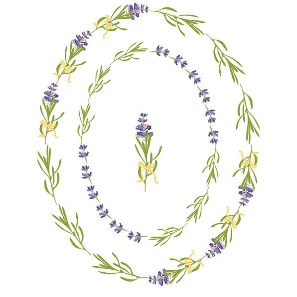 Ställ violett lavendel vackra blommiga ramar mall i platt akvarell stil isolerad på vit bakgrund för dekorativ design, bröllopskort, inbjudan, resor flayer. Botanisk illustration — Stock vektor