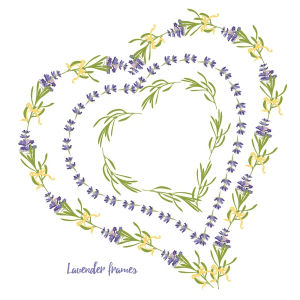 Set violett Lavendel schöne florale Rahmen Vorlage in flachem Aquarell-Stil isoliert auf weißem Hintergrund für dekoratives Design, Hochzeitskarte, Einladung, Reiseflyer. Botanische Illustration — Stockvektor