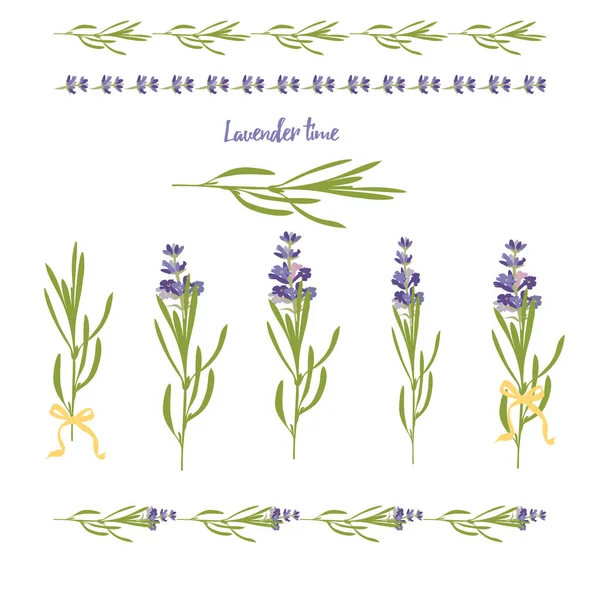 Set fialová Levandule krásné květinové prvky v plochém akvarelu stylu izolované na bílém pozadí pro dekorativní design, svatební přání, pozvání, cestovní flayer Botanická ilustrace. — Stockový vektor