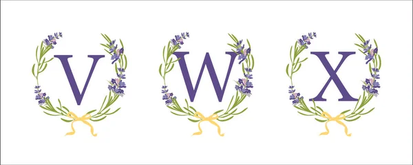 V W X letter. Stel moderne met de hand getekende platte schets illustraties. Lavendel bloemkrans met alfabet monogram. Goed idee voor de bruiloft. Vintage vectortypografisch embleem, logo, etiketontwerp. — Stockvector