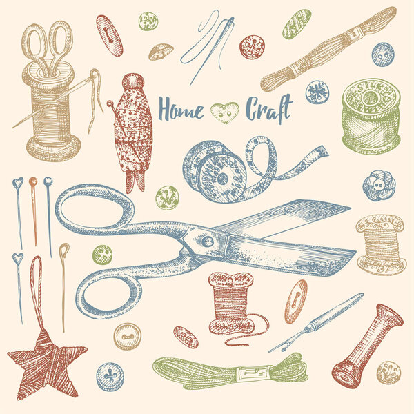 Набор старинных швейных инструментов ручной работы. Швейная машина, игла, ножницы, манекен, пуговицы, портной счетчик. Рисунок в стиле гравировки. Элементы для логотипов, иконки изолированы на белом фоне. Вектор