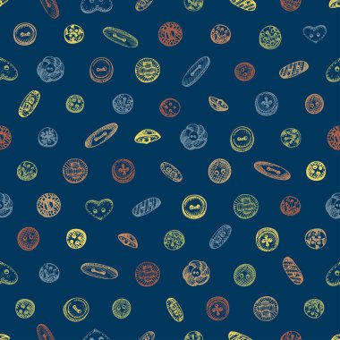 Elle çizilmiş klasik dikiş aletleriyle kusursuz desen. Düğmeler, iplikler, iğneler, iğneler, makaralar. Kabartma stili. Retro dijital kağıt, eski kumaş tasarım Vektörü