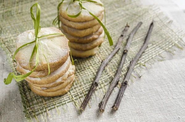 Biscuits maison au sucre citronné attachés avec des branches séchées à la corde, fond flou — Photo