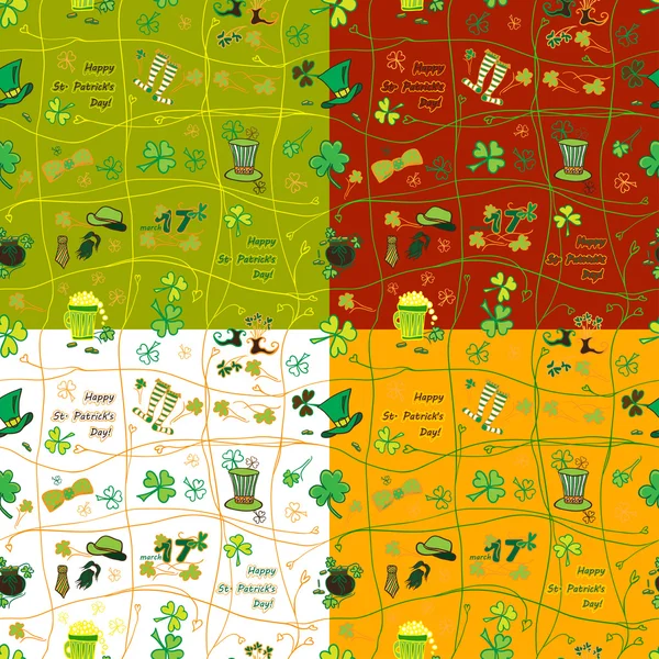 Definir irlandês st patrick dia sem costura padrão com símbolos planos do feriado em cores diferentes. Ilustração vetorial — Vetor de Stock