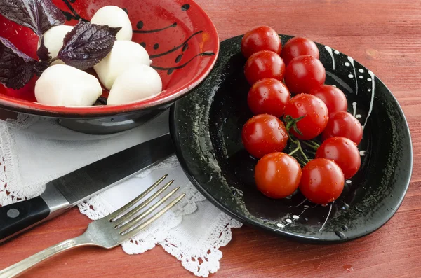 Listy Ingradients na italské caprese salát s čerstvou bazalkou, rajčaty a mozzarellou na červené dřevěný stůl — Stock fotografie