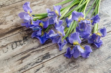Buket blueflag veya Iris çiçek ahşap arka plan üzerinde