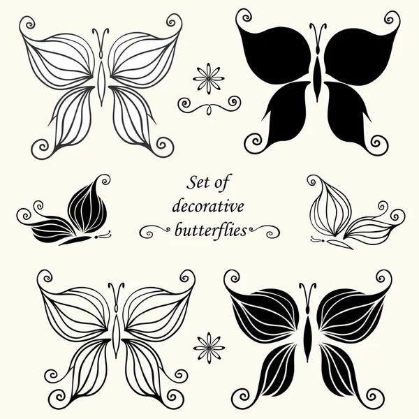 Ensemble de papillons et d'éléments décoratifs, dessin à la main — Image vectorielle