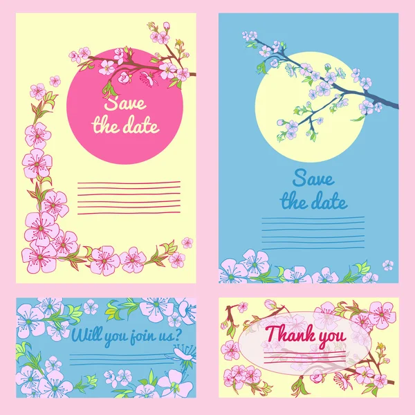 Set von blühenden Hand ertränken Kirschblütenkarte. Vorgeschichte — Stockvektor
