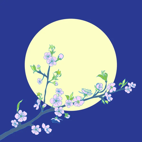 Blommande körsbärsträd gren på bakgrund av månen — Stock vektor
