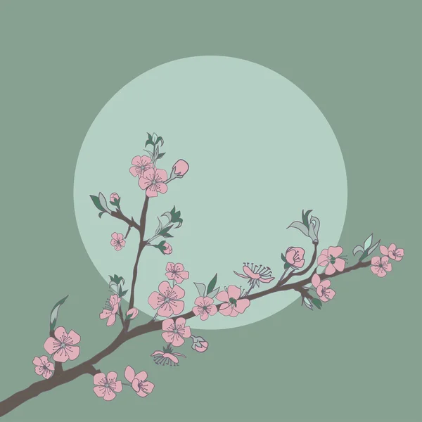 Blommande körsbärsträd gren på bakgrund av månen. Vintage — Stock vektor