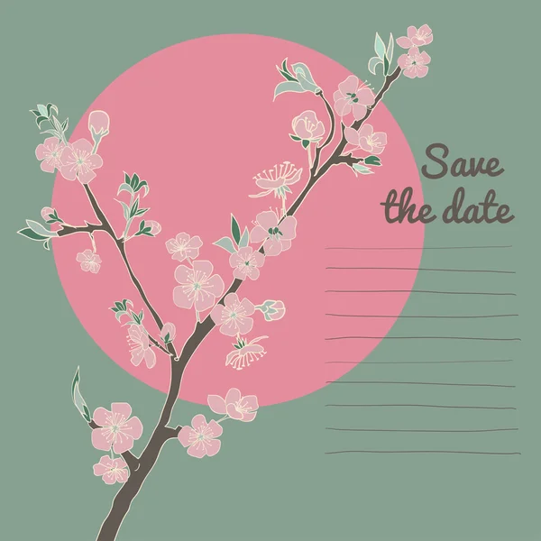 Flowering cherry branch on background of moon. Vintage — Stock Vector