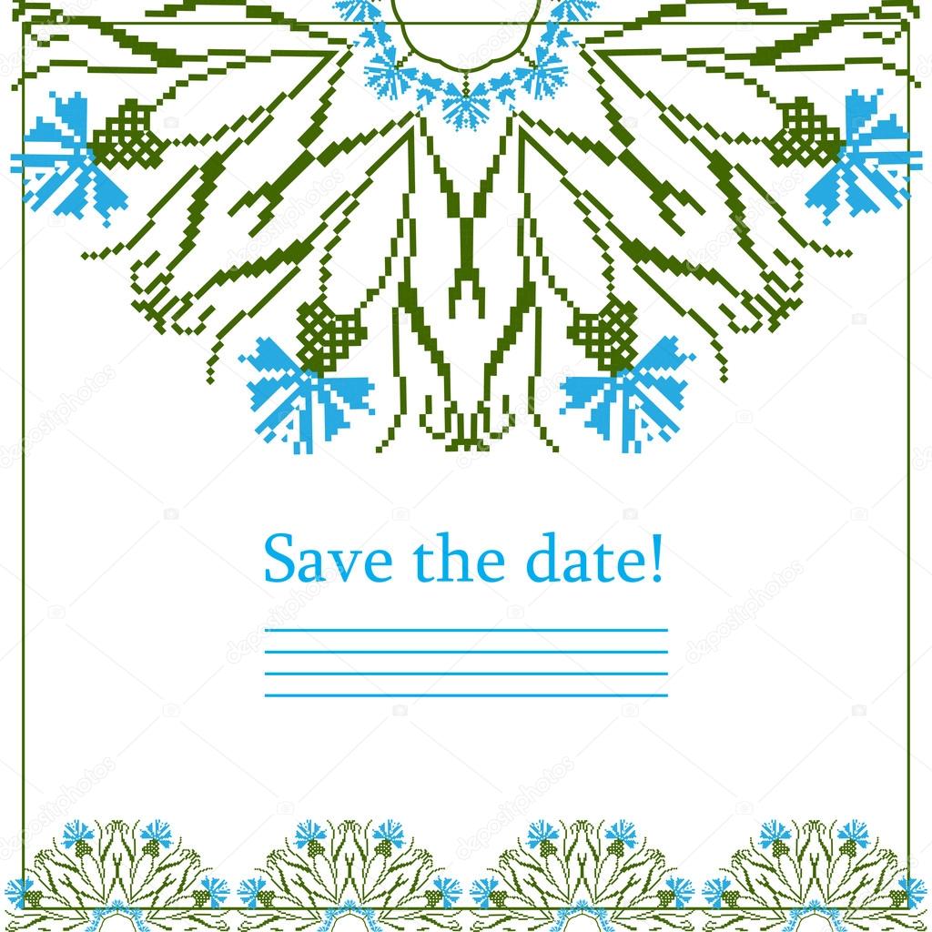 Greeting card with ethnic cornflower ornament pattern