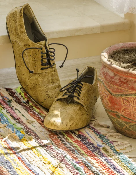 Bodegón con zapatos de hombre, maceta y alfombra tejida — Foto de Stock