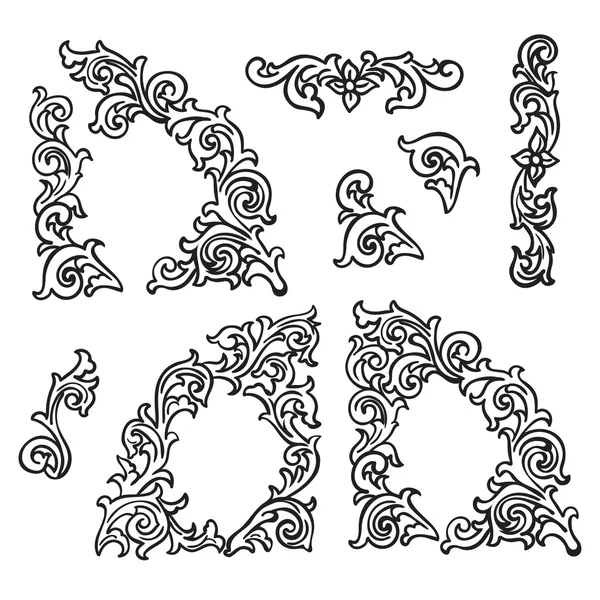 Conjunto de Elementos decorativos ornamentales de dibujo a mano. Estilo de talla — Vector de stock