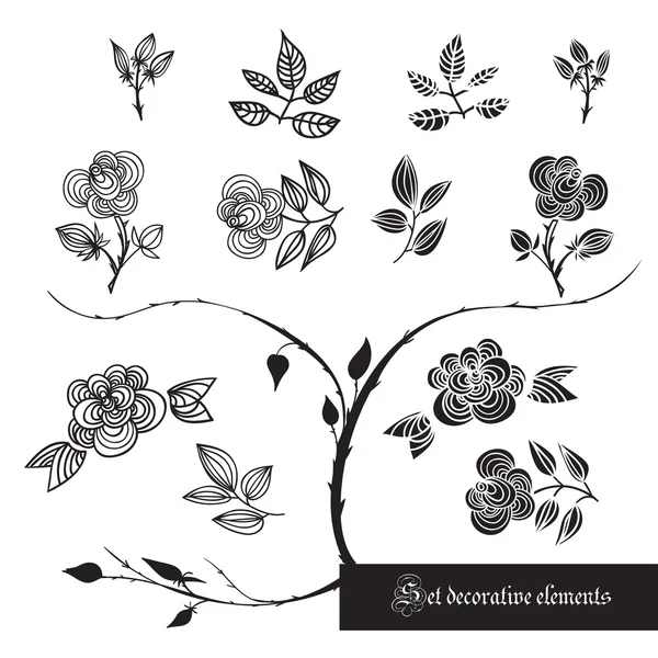 Set di elementi decorativi, rose e foglie, bianco e nero — Vettoriale Stock