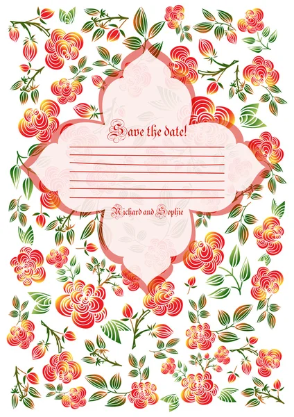 Linda tarjeta de invitación de vacaciones con fondo de adorno de rosa — Vector de stock