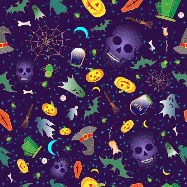 Vrolijk Halloween naadloos met traditionele symbolen pictogrammen. Vector. — Stockvector