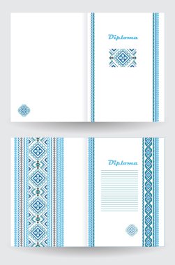 Certificate or diploma template with ethnic ornament pattern in white blue colors