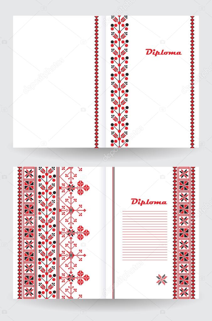 Certificate or diploma template with ethnic ornament pattern in white red black colors