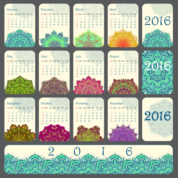 2016 Calendar decorated with circular flower mandala — 스톡 벡터