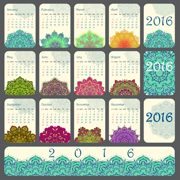 2016 Calendar decorated with circular flower mandala — Stockový vektor