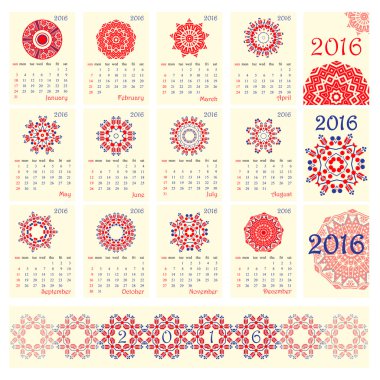 2016 Calendar with ethnic round ornament pattern in white red blue colors