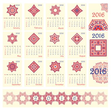 2016 Calendar with ethnic round ornament pattern in white red blue colors