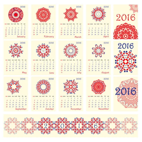 2016 Calendario con patrón de ornamento redondo étnico en blanco rojo colores azules — Vector de stock