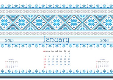 2016 Calendar with ethnic round ornament pattern in white red blue colors