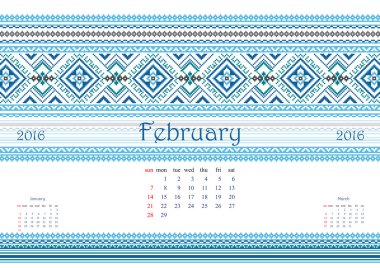 2016 Calendar with ethnic round ornament pattern in white red blue colors