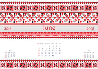 2016 Calendar with ethnic round ornament pattern in white red blue colors
