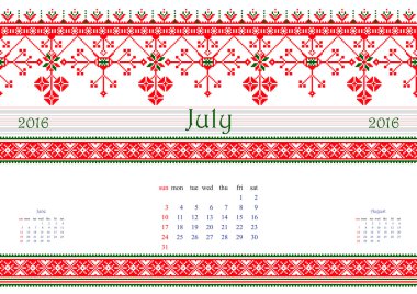 2016 Calendar with ethnic round ornament pattern in white red blue colors