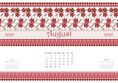 2016 Calendar with ethnic round ornament pattern in white red blue colors