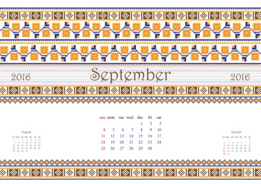 2016 Calendar with ethnic round ornament pattern in white red blue colors