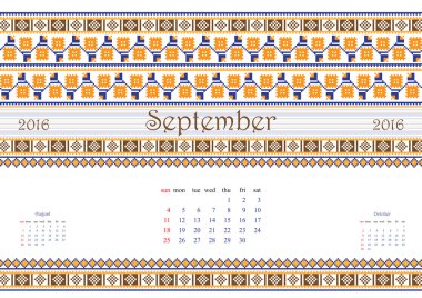 2016 Calendar with ethnic round ornament pattern in white red blue colors clipart