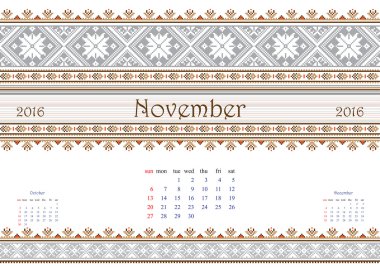 2016 Calendar with ethnic round ornament pattern in white red blue colors