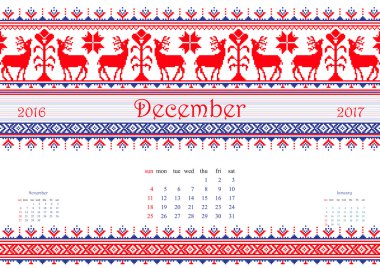 2016 Calendar with ethnic round ornament pattern in white red blue colors