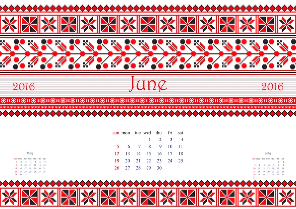 2016 Calendar with ethnic round ornament pattern in white red blue colors — Stock Vector