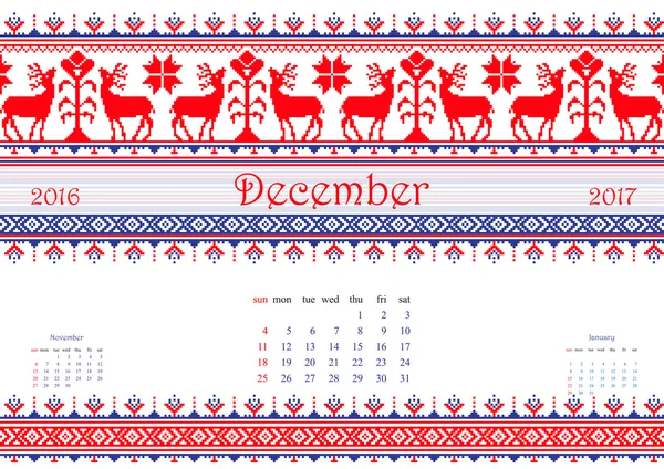2016 Calendario con patrón de ornamento redondo étnico en blanco rojo colores azules — Archivo Imágenes Vectoriales