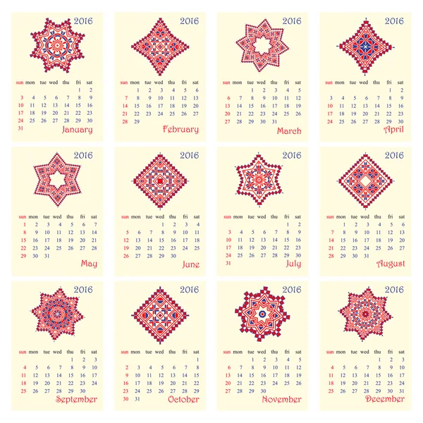 2016 Calendario con patrón de ornamento redondo étnico en blanco rojo colores azules — Vector de stock