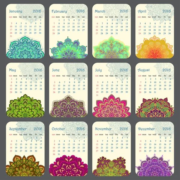 2016 Calendar decorated with circular flower mandala — ストックベクタ