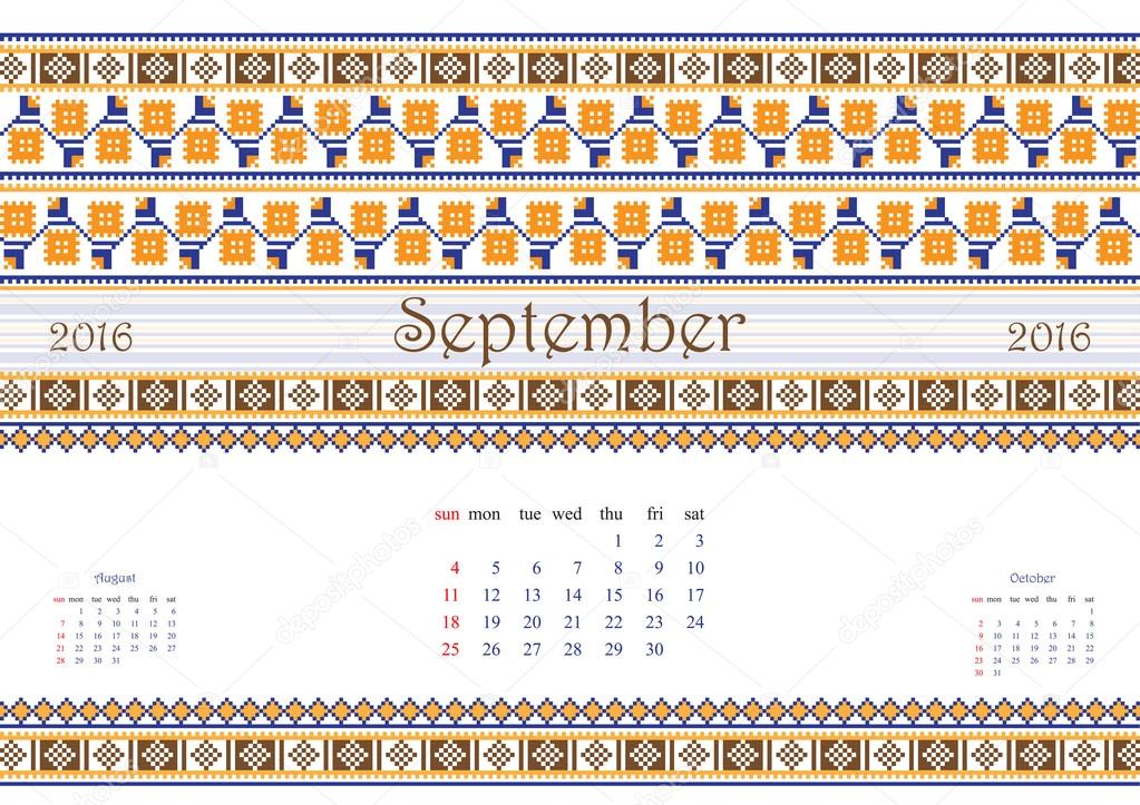 2016 Calendar with ethnic round ornament pattern in white red blue colors