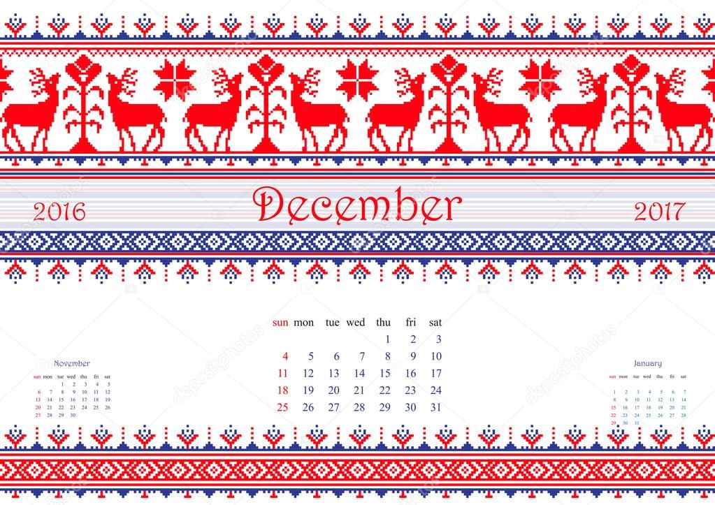 2016 Calendar with ethnic round ornament pattern in white red blue colors