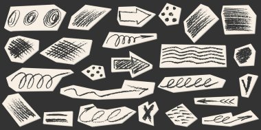 Boya kalemi kalem el, kıvrımlı çizgiler, sıçramalar, kıvrımlar ve şekiller çiziyor. Kolaj beyaz kağıt üzerinde siyah elementler. Grunge tebeşirle boyanmış boya desenleri karalıyor. Sert pastel boya darbeleri.